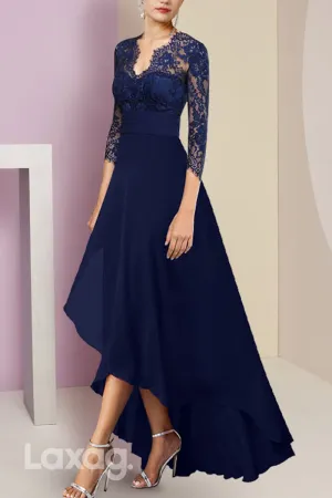 22518 - A-Line V-Neck Quarter Sleeves Appliques Chiffon Mother of the Bride Dress