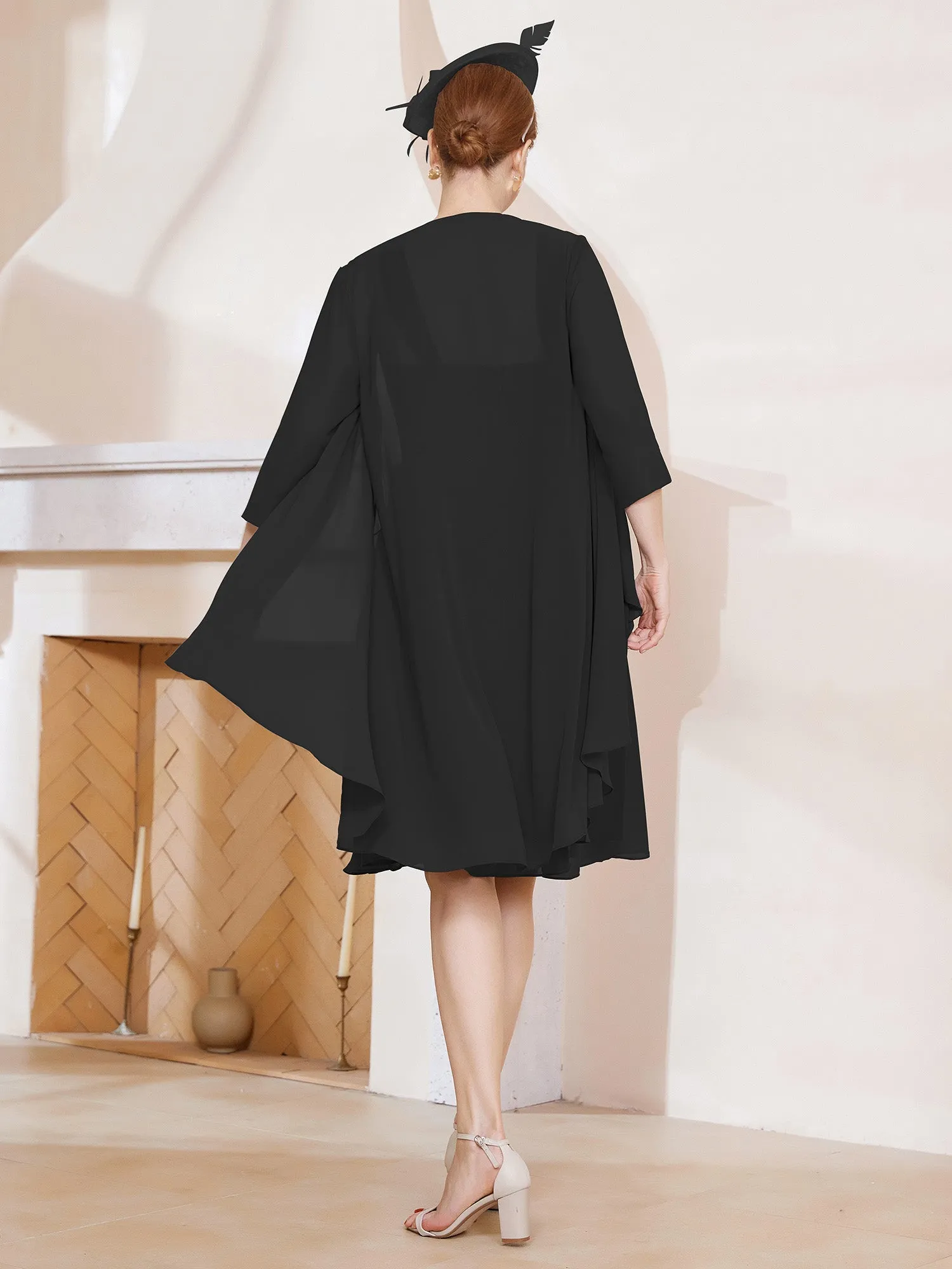 A-Line Chiffon Knee-length Dress With Jacket Black