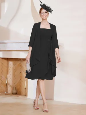 A-Line Chiffon Knee-length Dress With Jacket Black