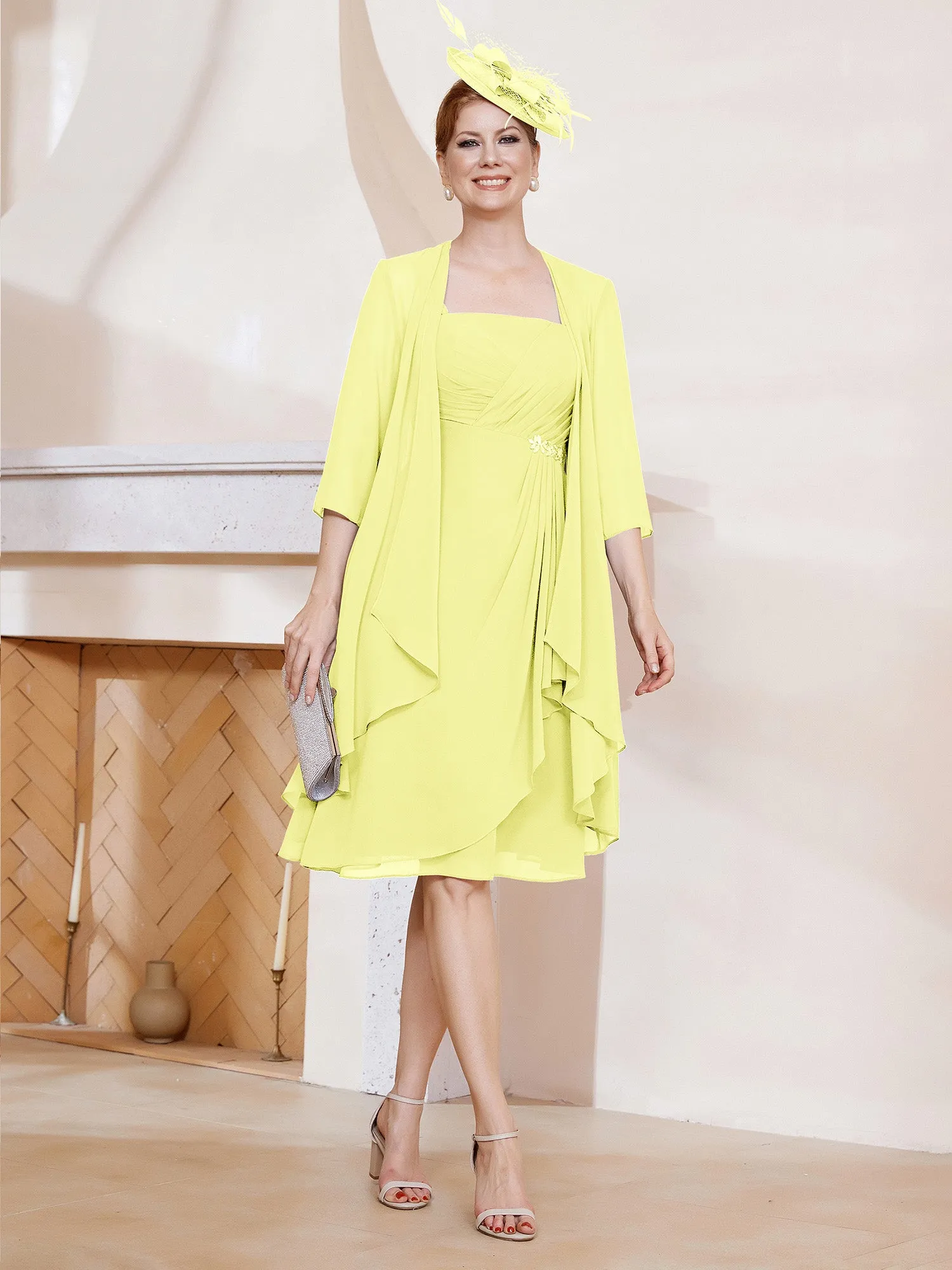A-Line Chiffon Knee-length Dress With Jacket Daffodil