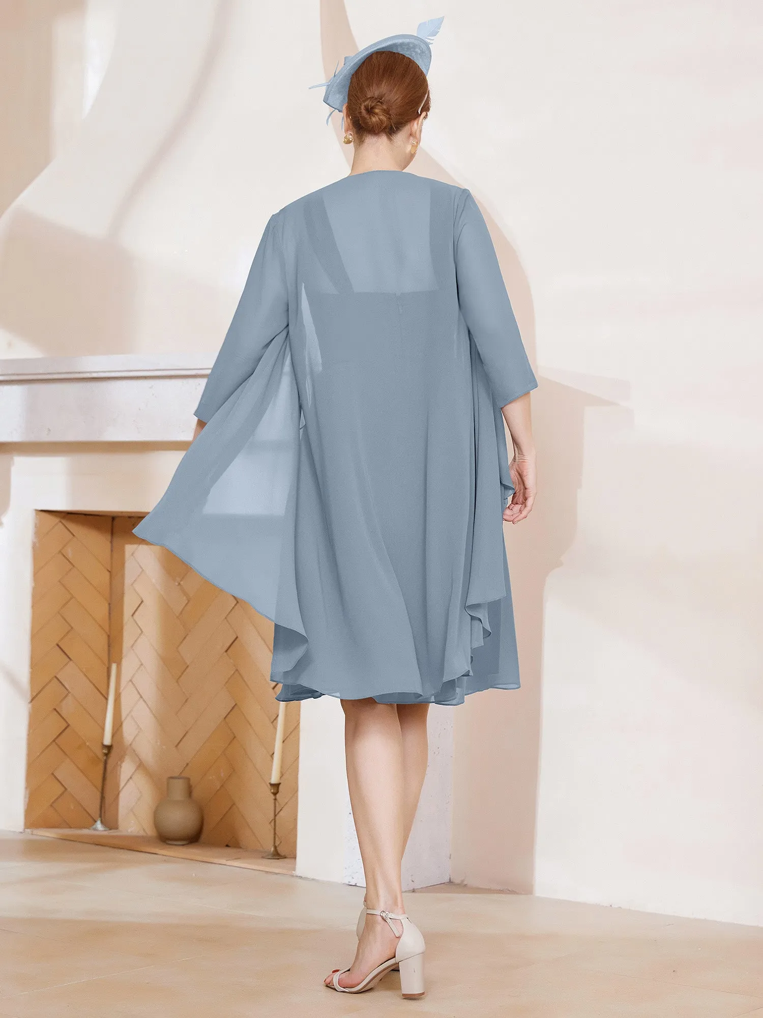 A-Line Chiffon Knee-length Dress With Jacket Dusty Blue