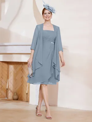 A-Line Chiffon Knee-length Dress With Jacket Dusty Blue