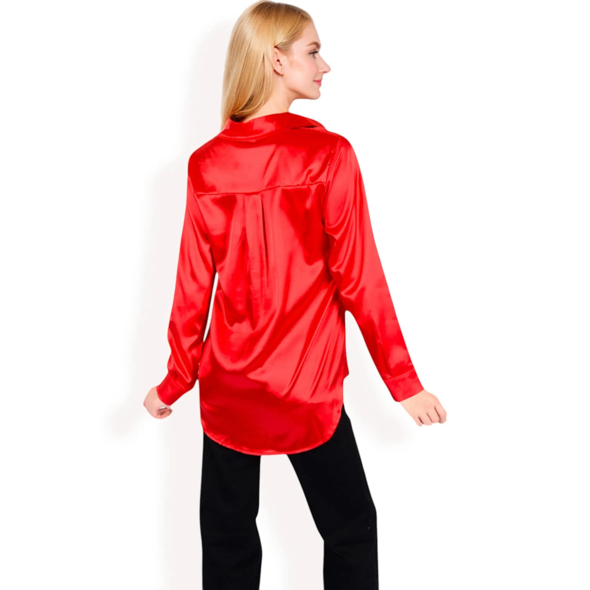 Anna-Kaci Women's Satin Button-Up Blouse with Collared Neck and Long Sleeves