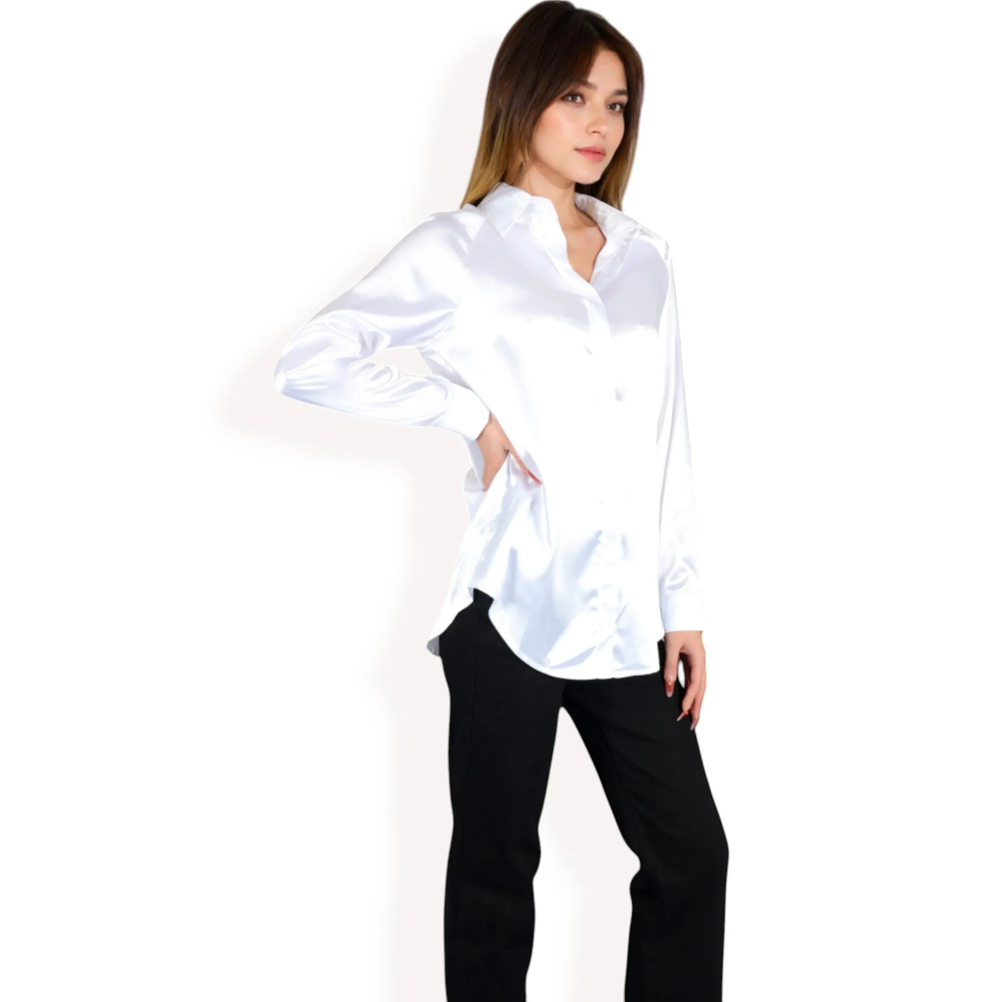 Anna-Kaci Women's Satin Button-Up Blouse with Collared Neck and Long Sleeves