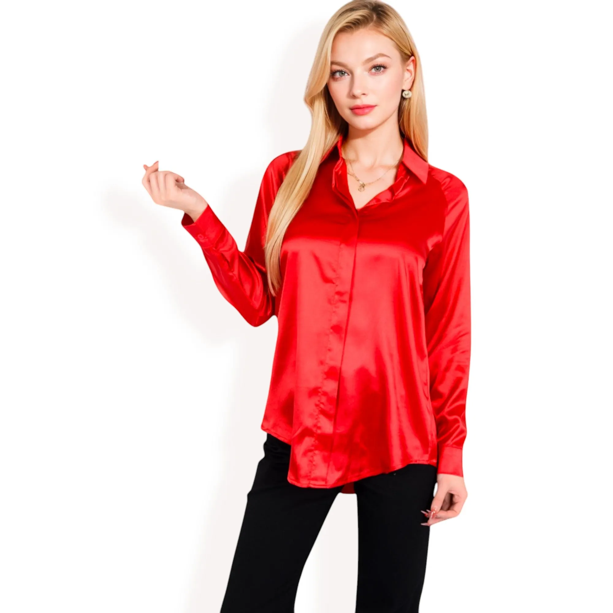 Anna-Kaci Women's Satin Button-Up Blouse with Collared Neck and Long Sleeves