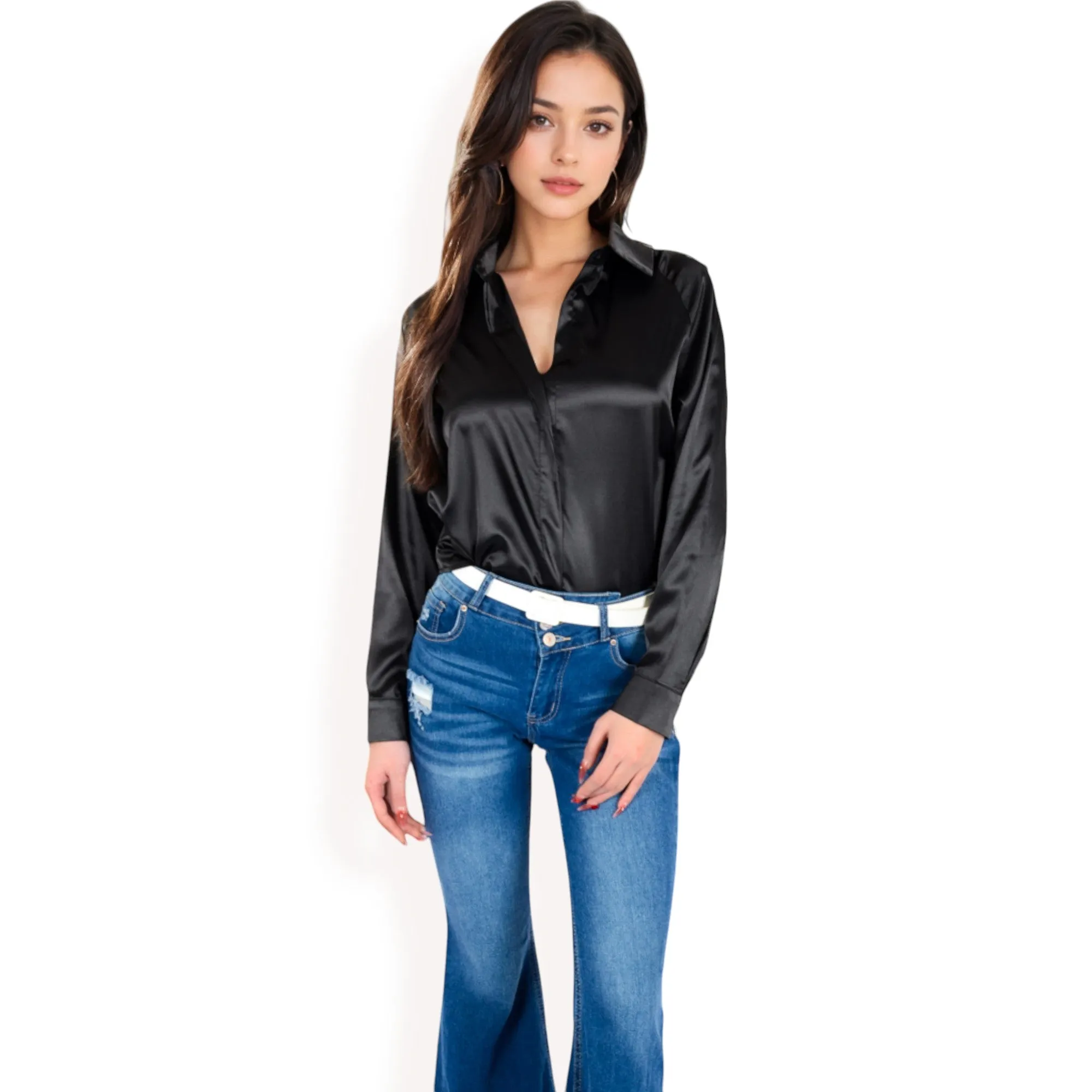 Anna-Kaci Women's Satin Button-Up Blouse with Collared Neck and Long Sleeves