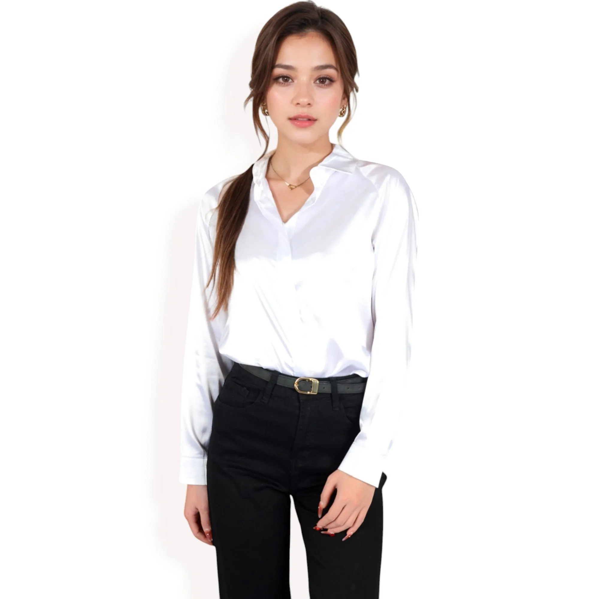 Anna-Kaci Women's Satin Button-Up Blouse with Collared Neck and Long Sleeves