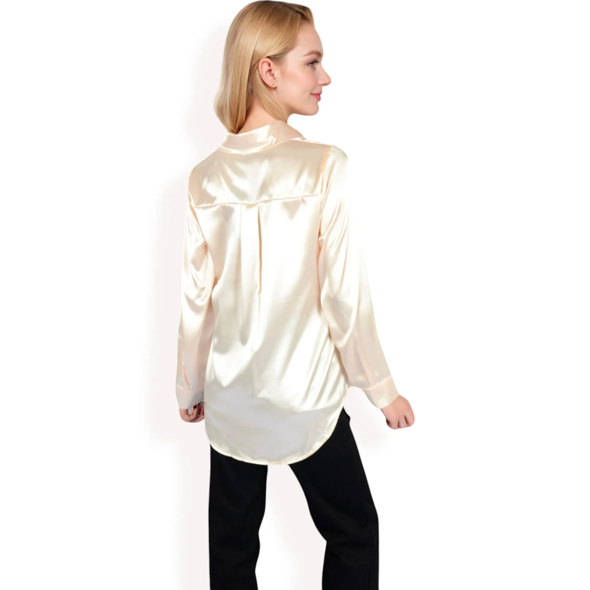 Anna-Kaci Women's Satin Button-Up Blouse with Collared Neck and Long Sleeves