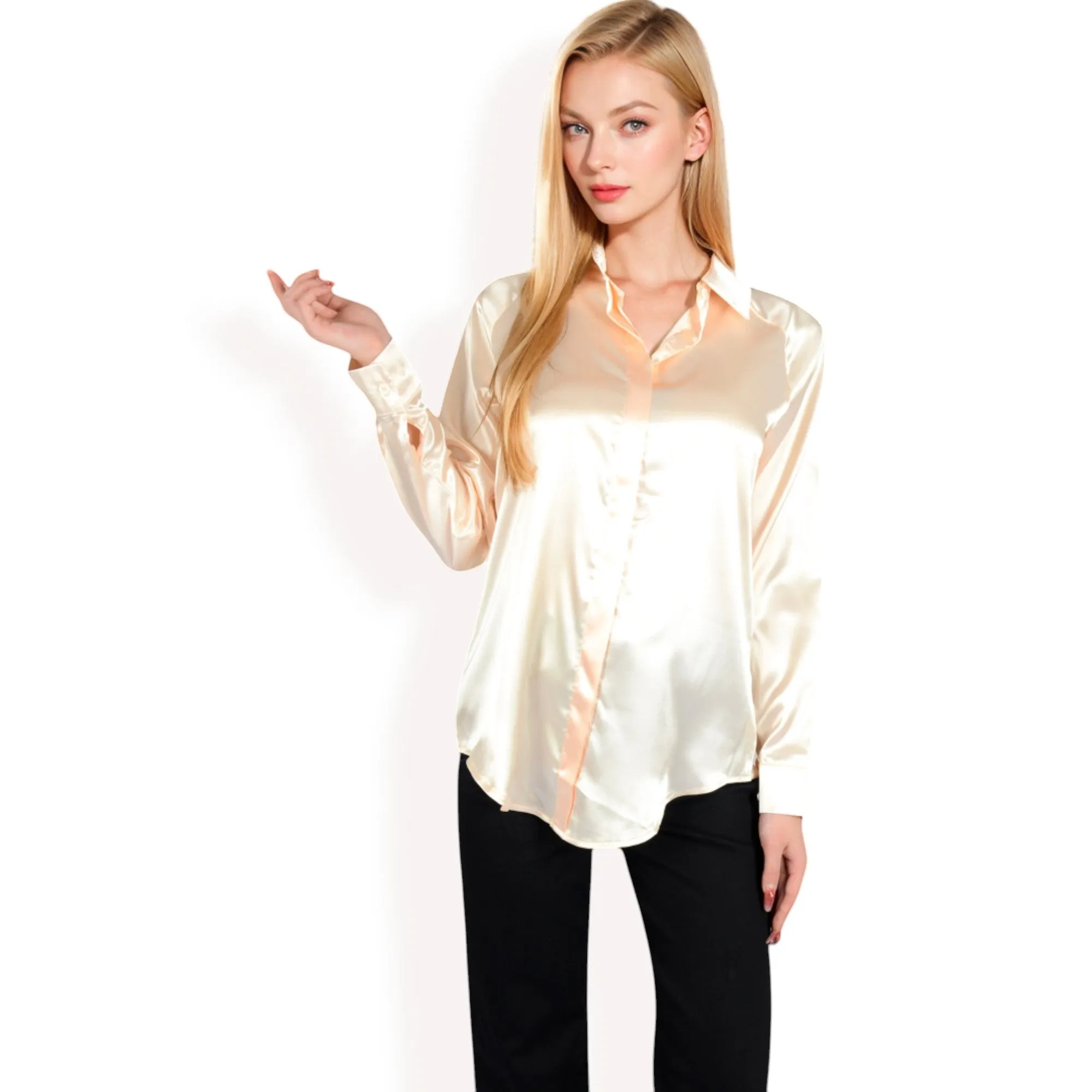Anna-Kaci Women's Satin Button-Up Blouse with Collared Neck and Long Sleeves