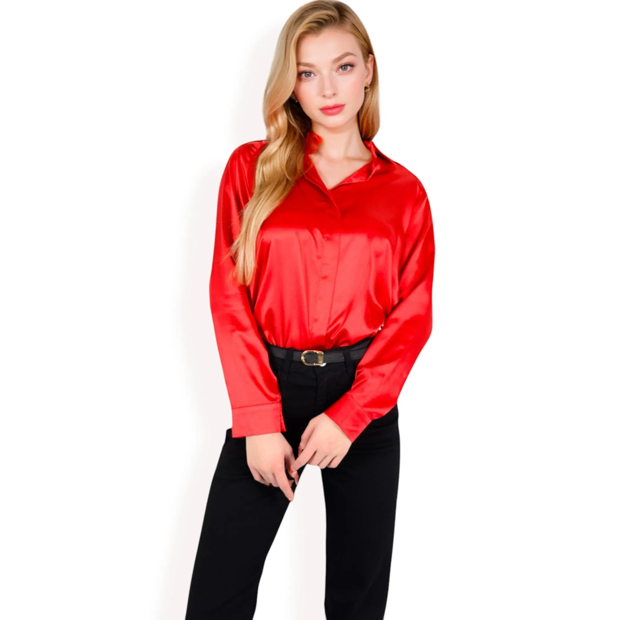 Anna-Kaci Women's Satin Button-Up Blouse with Collared Neck and Long Sleeves