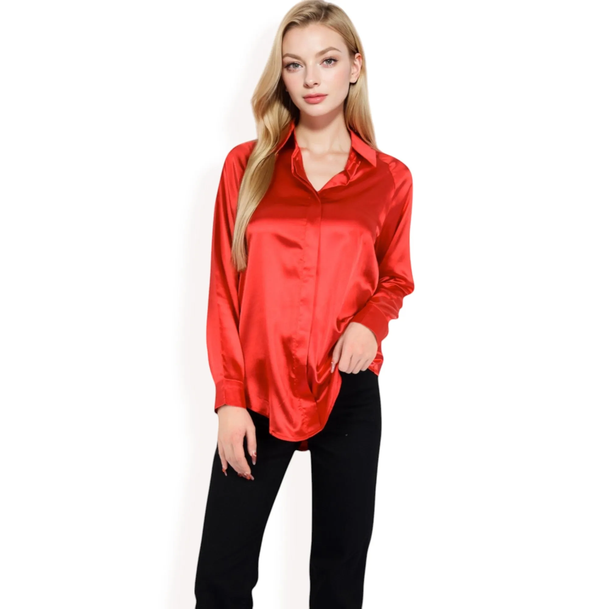 Anna-Kaci Women's Satin Button-Up Blouse with Collared Neck and Long Sleeves