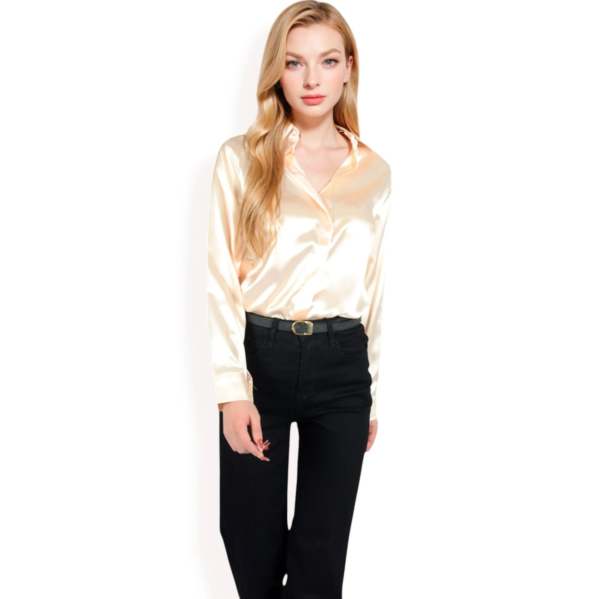 Anna-Kaci Women's Satin Button-Up Blouse with Collared Neck and Long Sleeves