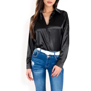 Anna-Kaci Women's Satin Button-Up Blouse with Collared Neck and Long Sleeves
