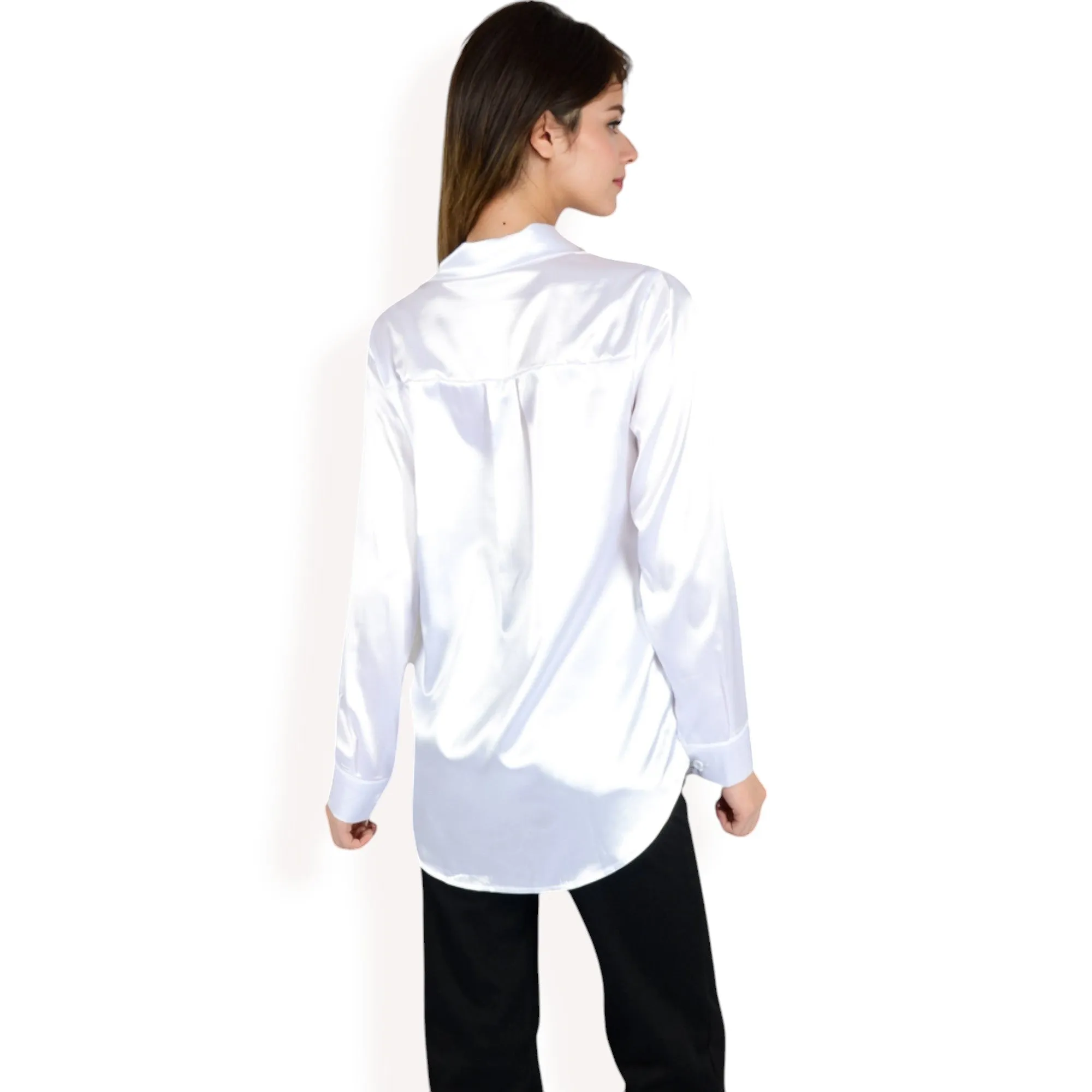 Anna-Kaci Women's Satin Button-Up Blouse with Collared Neck and Long Sleeves