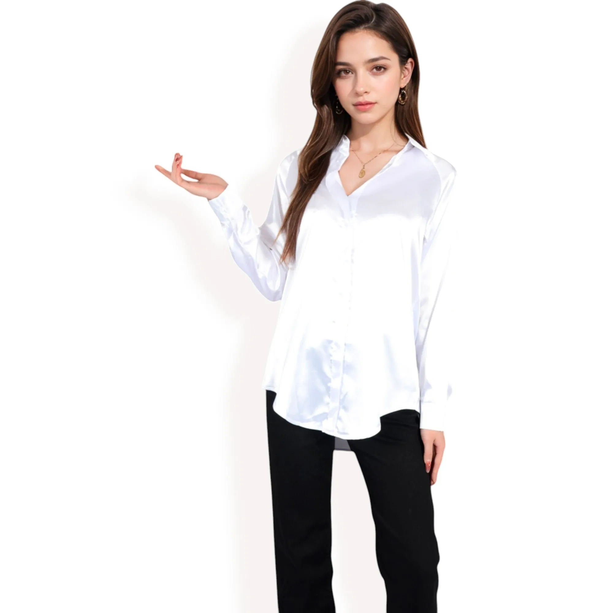 Anna-Kaci Women's Satin Button-Up Blouse with Collared Neck and Long Sleeves