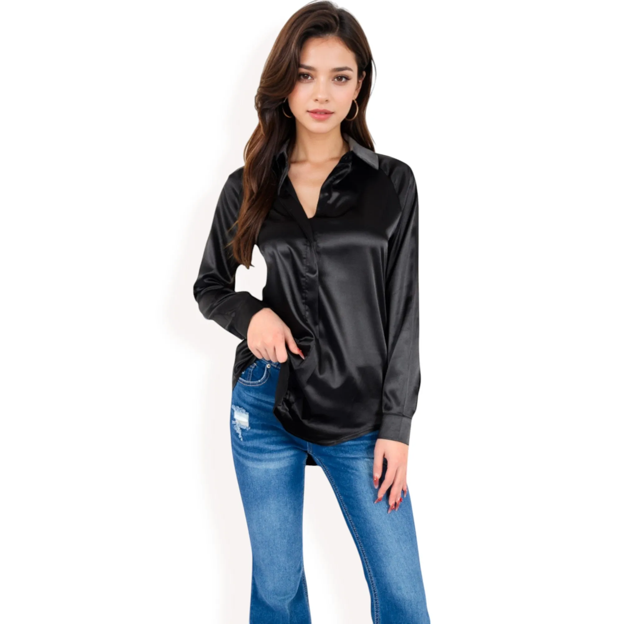 Anna-Kaci Women's Satin Button-Up Blouse with Collared Neck and Long Sleeves