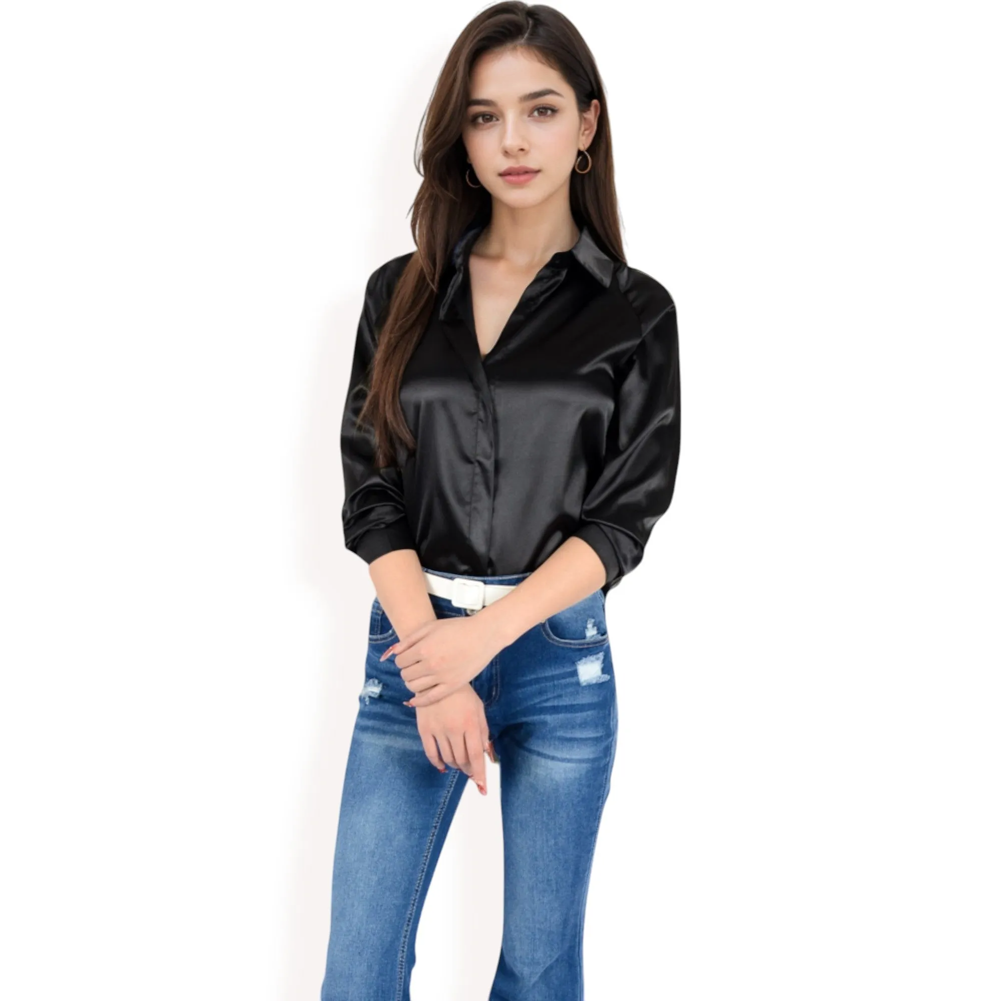 Anna-Kaci Women's Satin Button-Up Blouse with Collared Neck and Long Sleeves