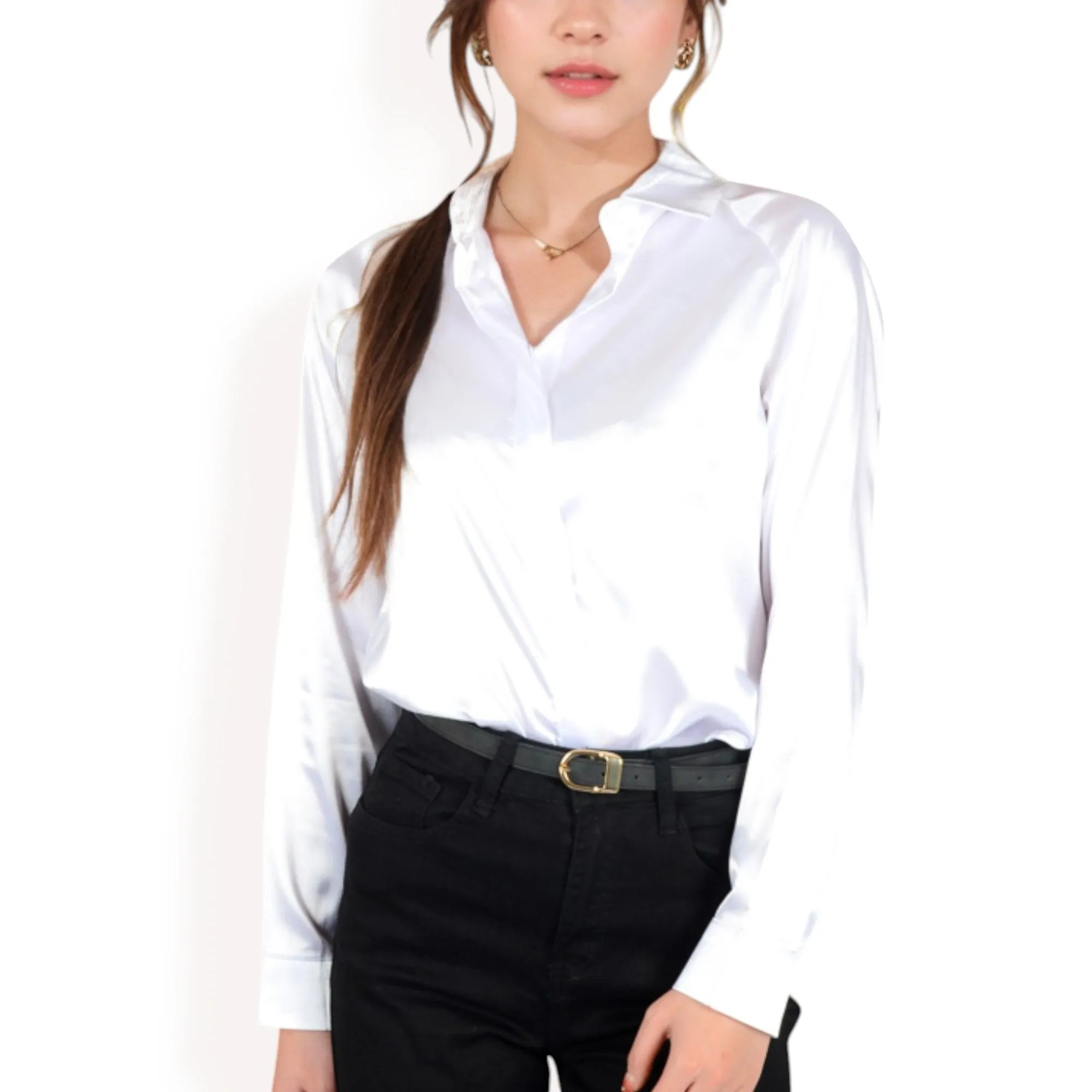 Anna-Kaci Women's Satin Button-Up Blouse with Collared Neck and Long Sleeves