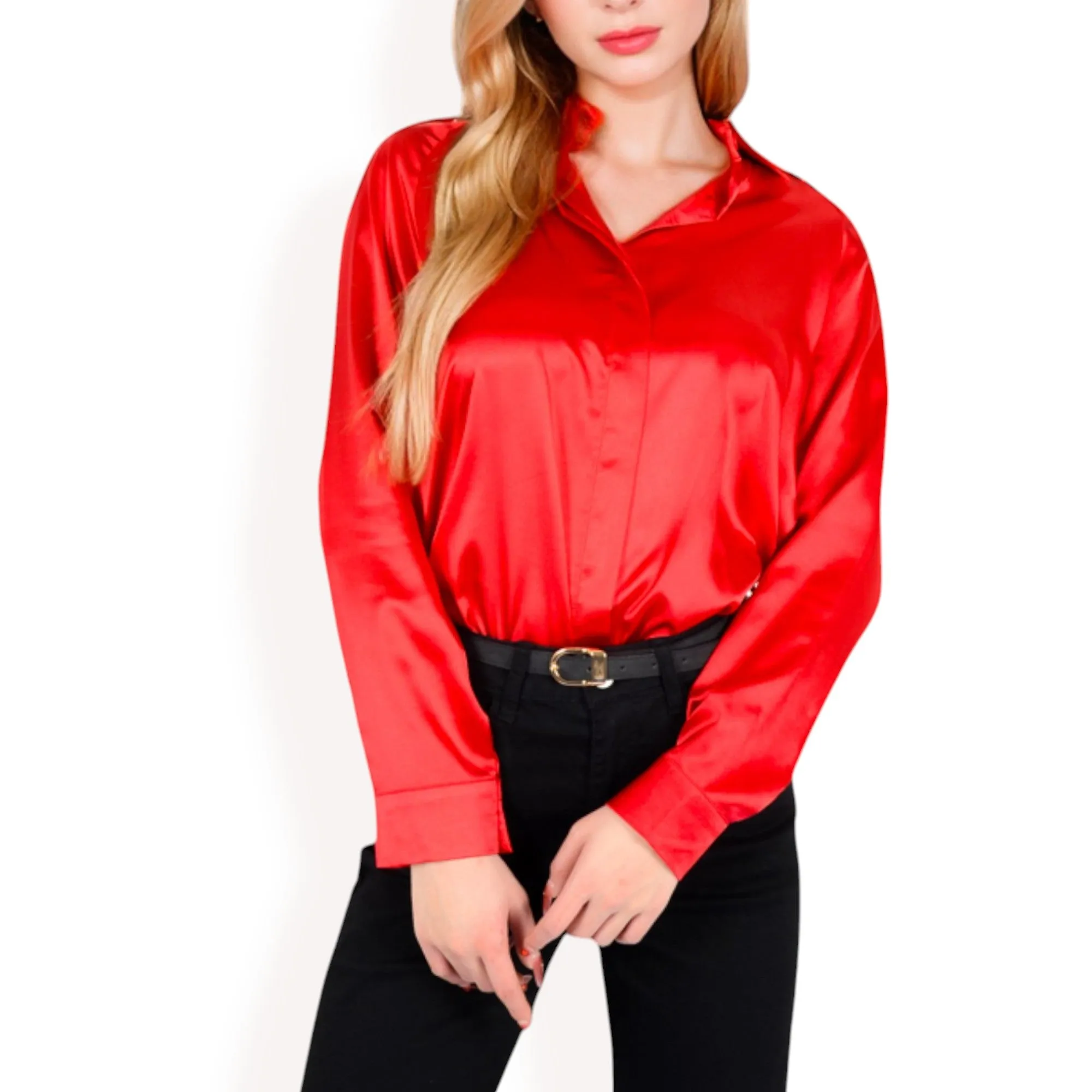 Anna-Kaci Women's Satin Button-Up Blouse with Collared Neck and Long Sleeves