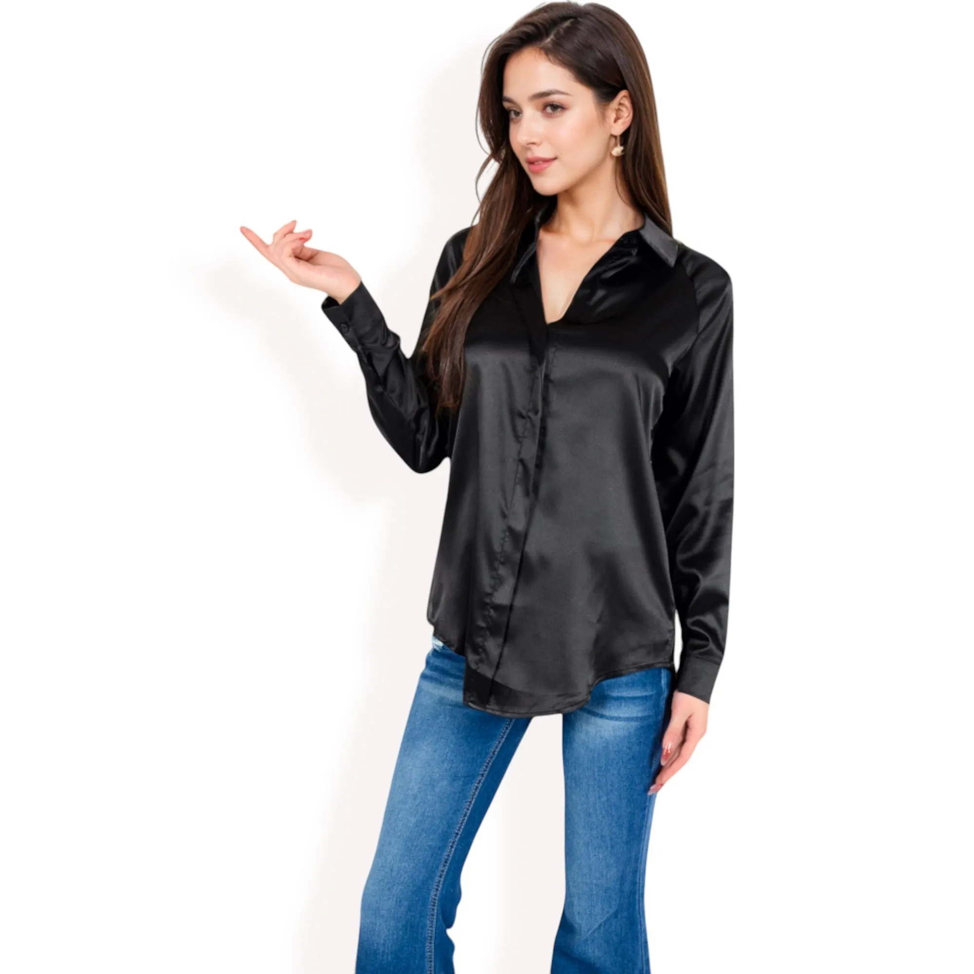 Anna-Kaci Women's Satin Button-Up Blouse with Collared Neck and Long Sleeves