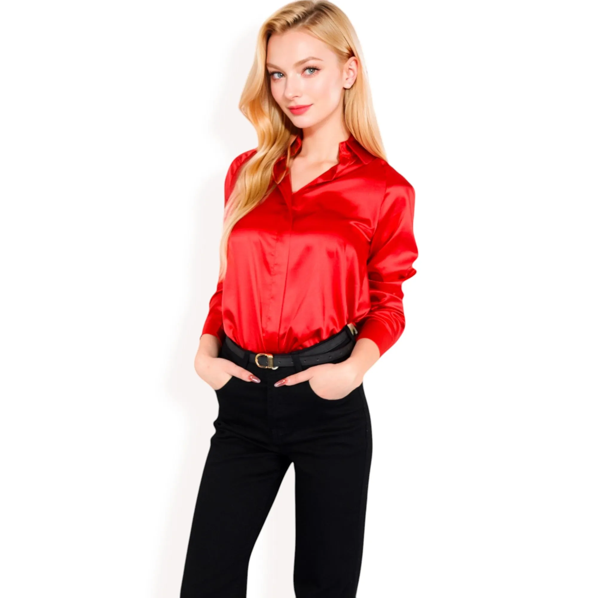 Anna-Kaci Women's Satin Button-Up Blouse with Collared Neck and Long Sleeves