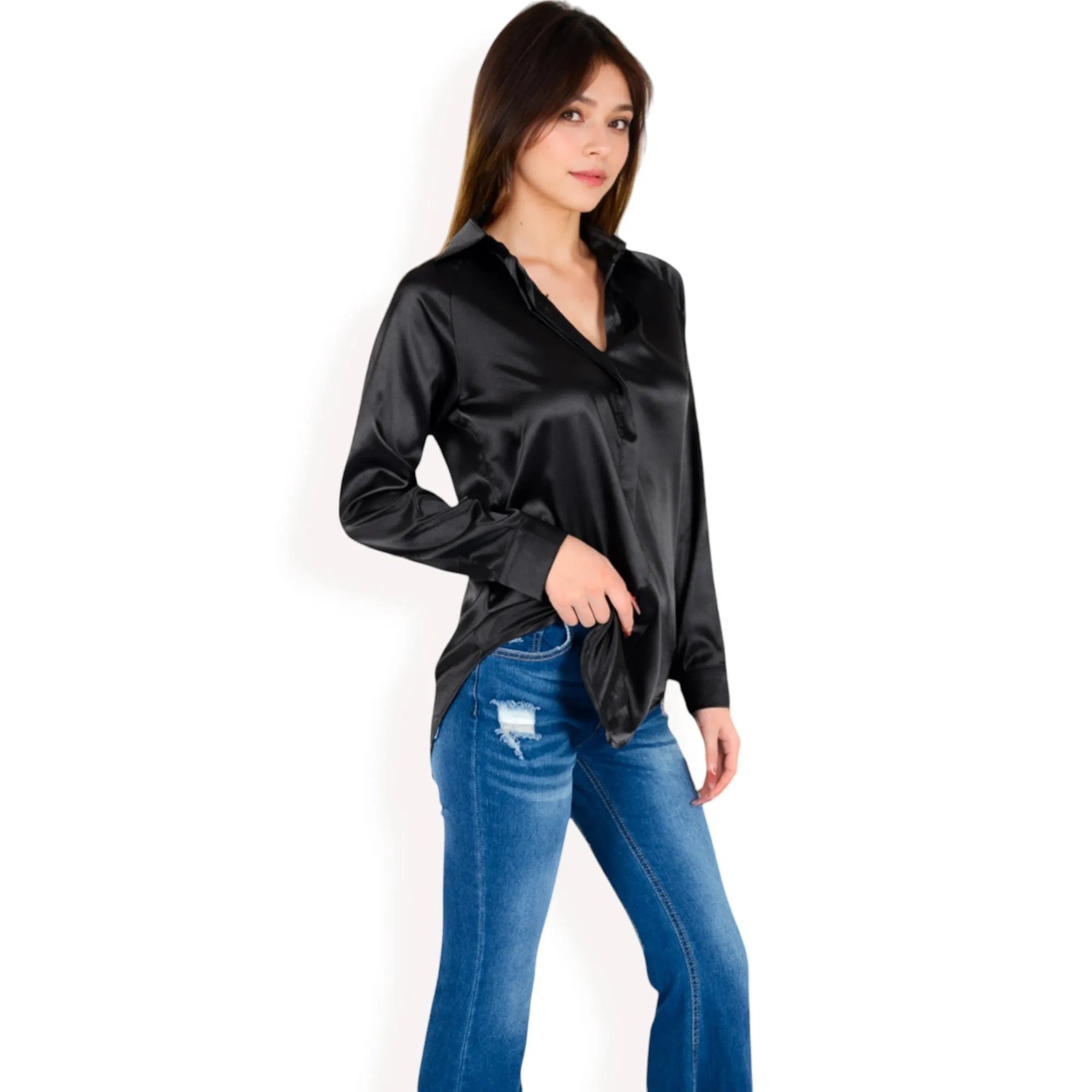 Anna-Kaci Women's Satin Button-Up Blouse with Collared Neck and Long Sleeves