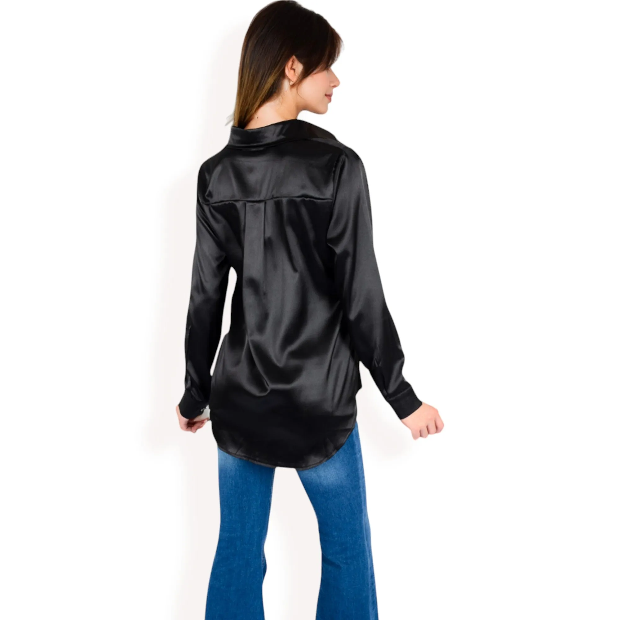 Anna-Kaci Women's Satin Button-Up Blouse with Collared Neck and Long Sleeves