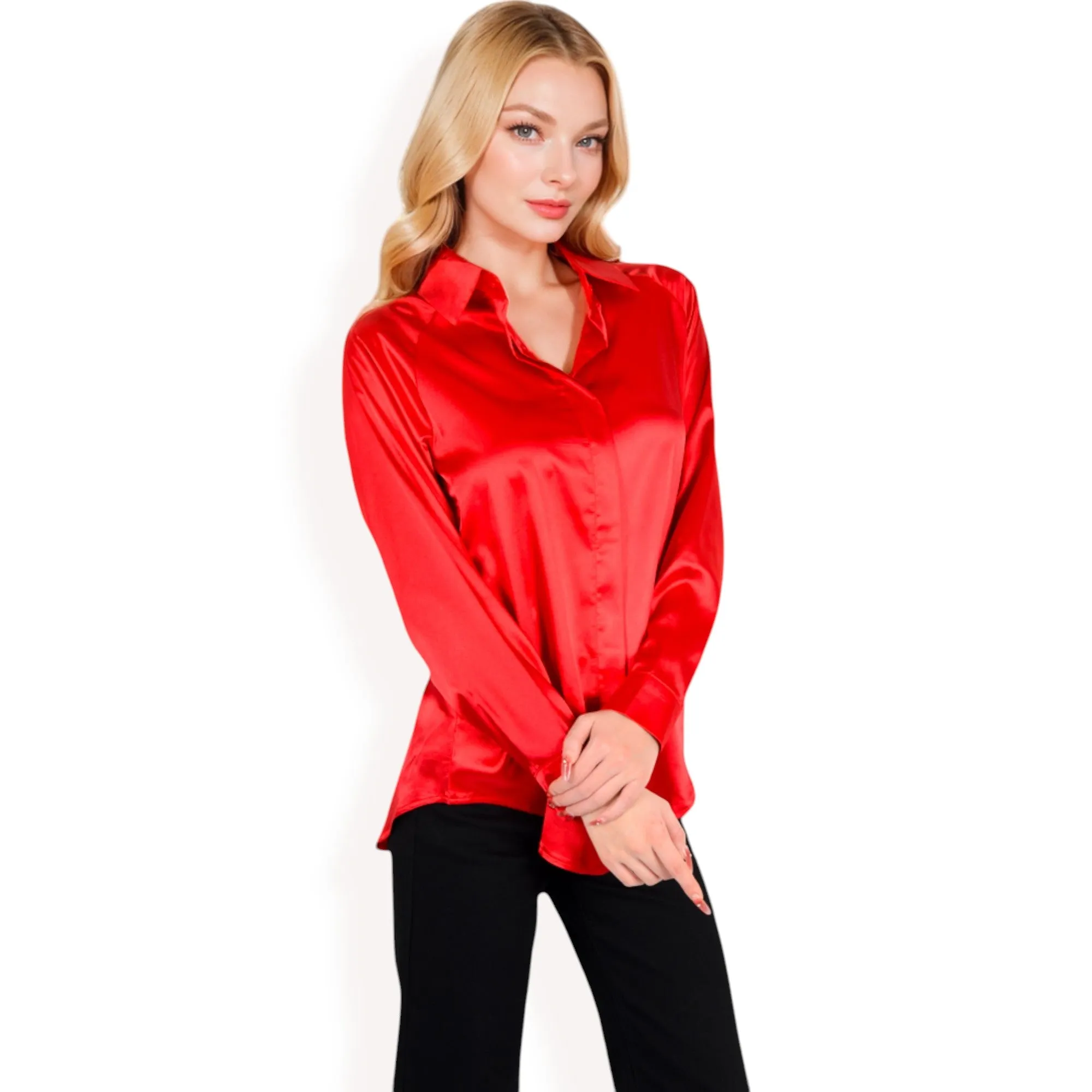 Anna-Kaci Women's Satin Button-Up Blouse with Collared Neck and Long Sleeves