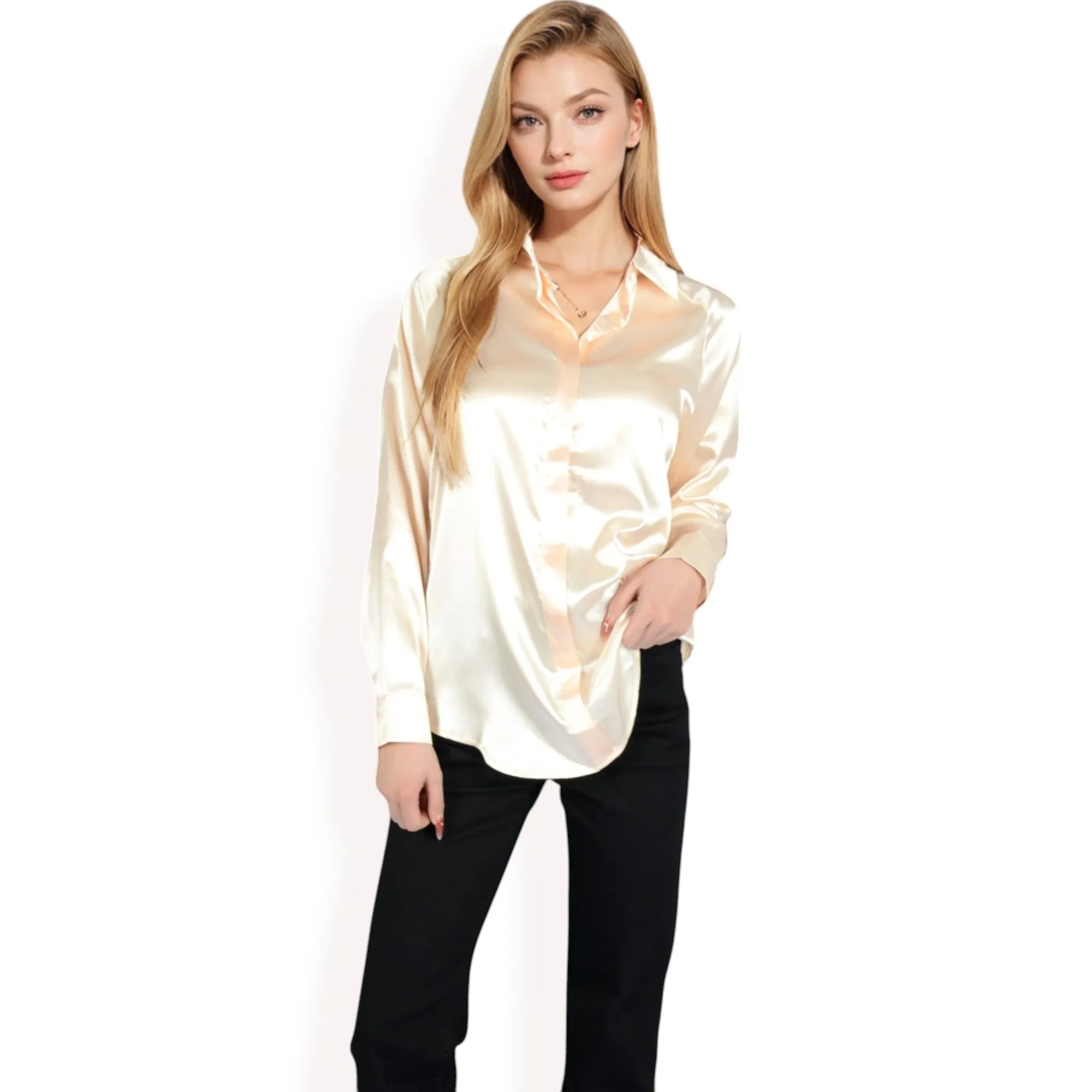Anna-Kaci Women's Satin Button-Up Blouse with Collared Neck and Long Sleeves
