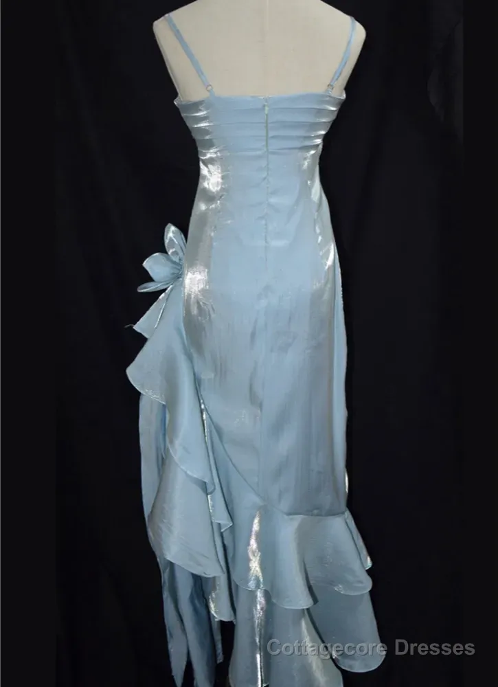 Baby Blue Vintage Floral Dress Asymmetrical Hem Prom Gown