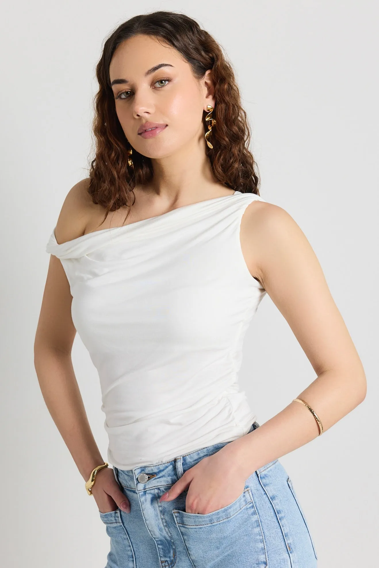 Beatnik Ivory Stretchy Bardot Off Shoulder Top