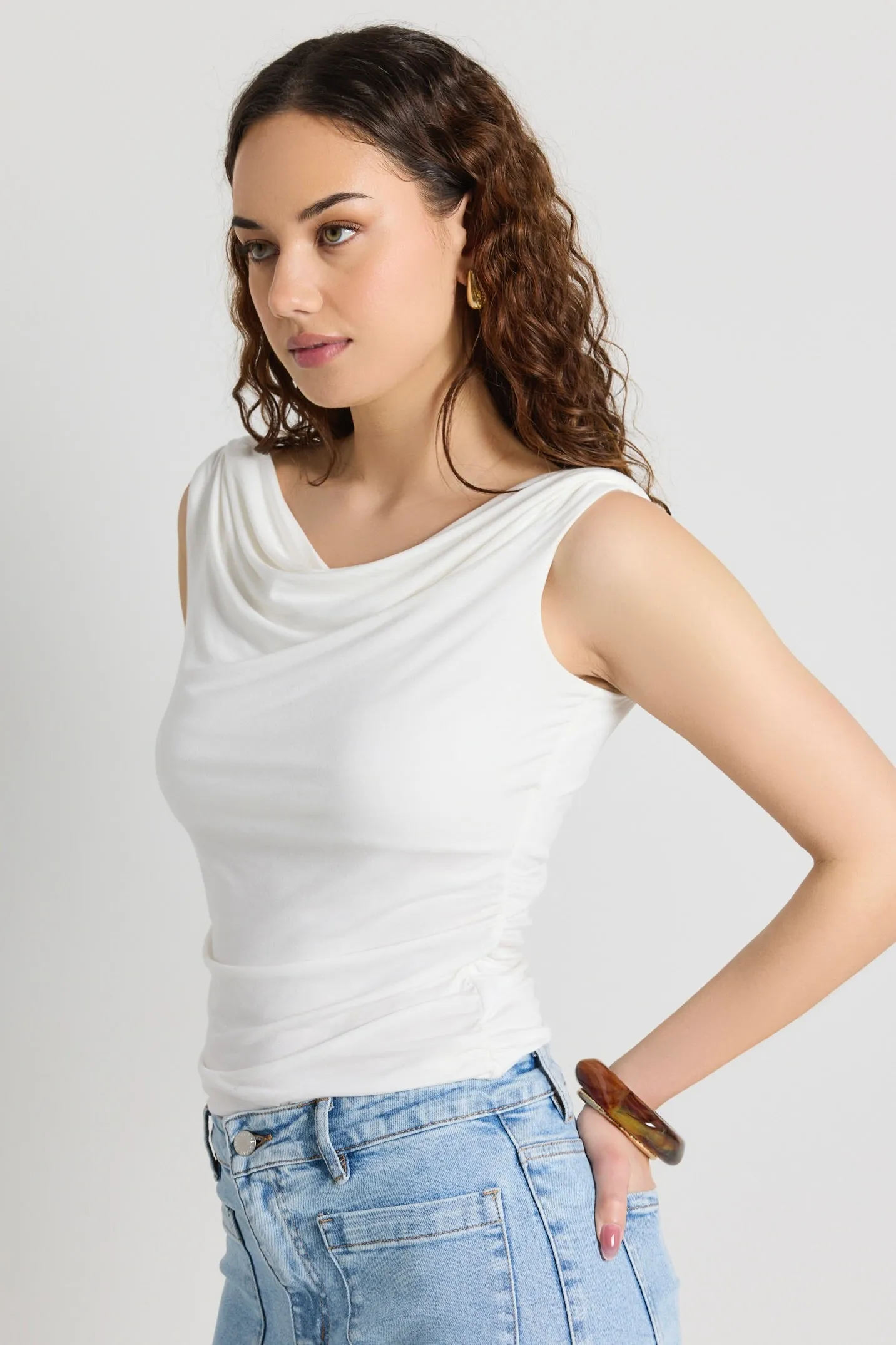 Beatnik Ivory Stretchy Bardot Off Shoulder Top