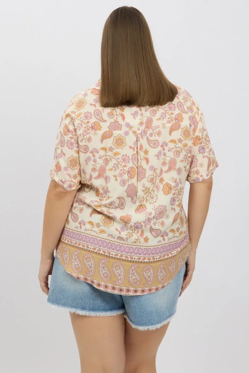 Beige Boho Relaxed Shirt Short Sleeve
