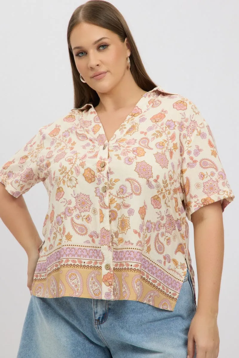 Beige Boho Relaxed Shirt Short Sleeve