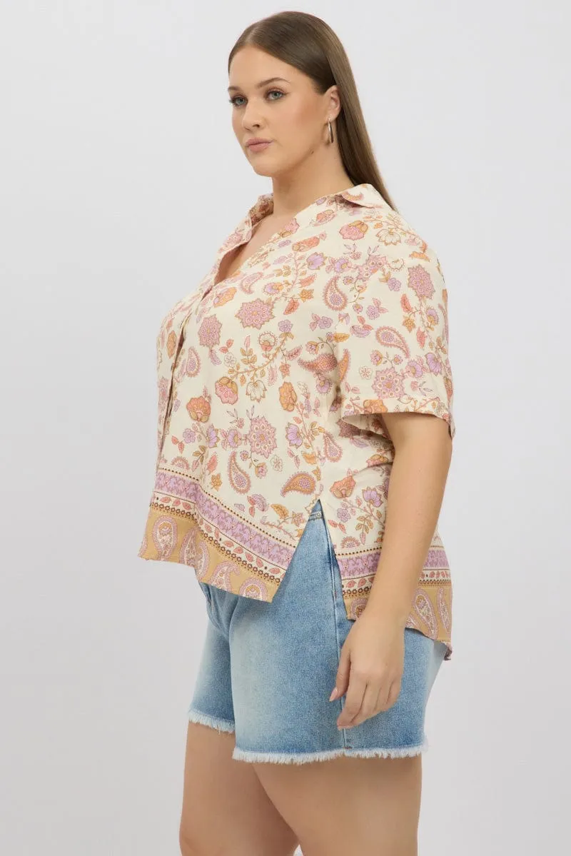 Beige Boho Relaxed Shirt Short Sleeve