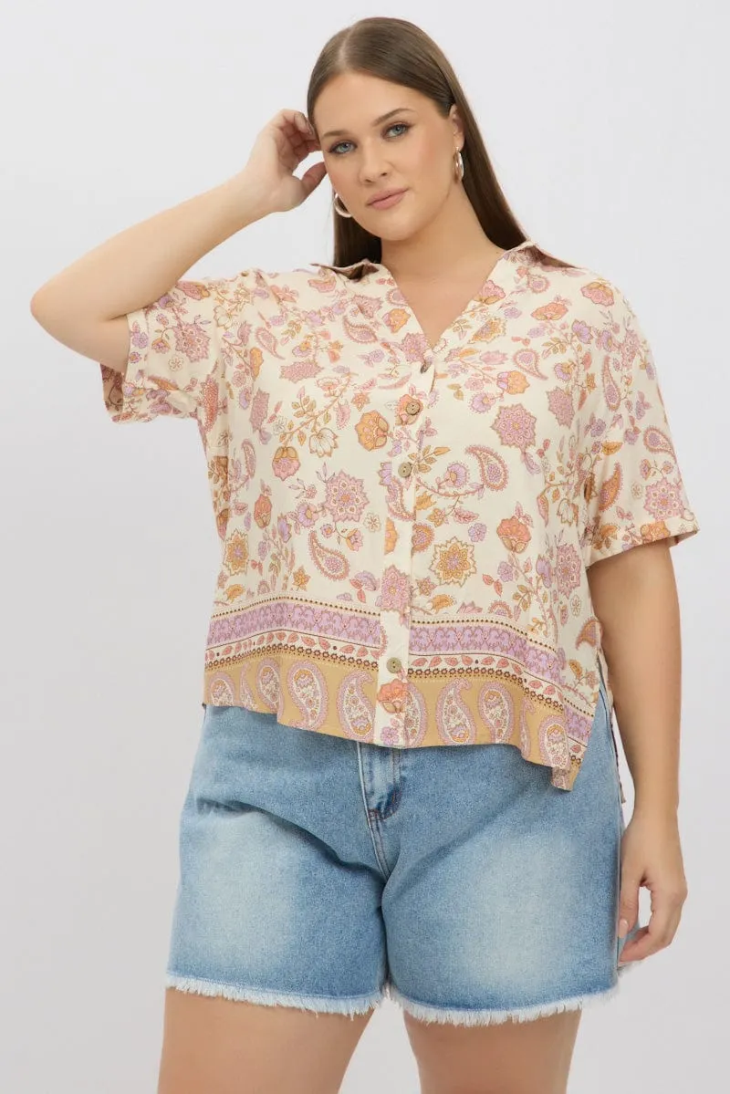 Beige Boho Relaxed Shirt Short Sleeve