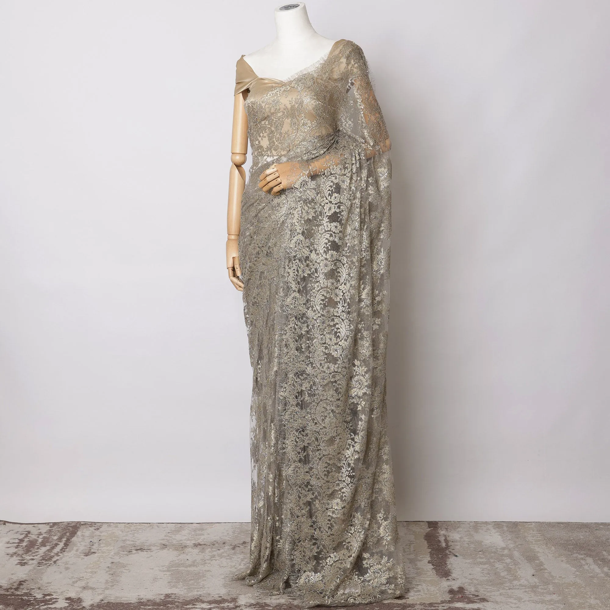 Beige, Gold Metallic French Chantilly Lace Fabric – 5.5 Meters, Floral Design, 110 cm Width-D21088