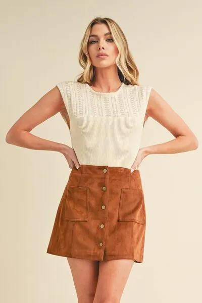 Beige Openwork Round Neck Cap Sleeve Knit Top