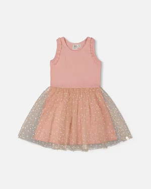 Bi-Material Dress With Printed Dots On Mesh Skirt Warm Old Pink