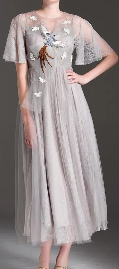 Bird-Applique Front-Bow Tulle Dress