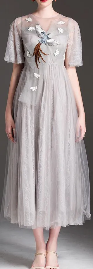 Bird-Applique Front-Bow Tulle Dress
