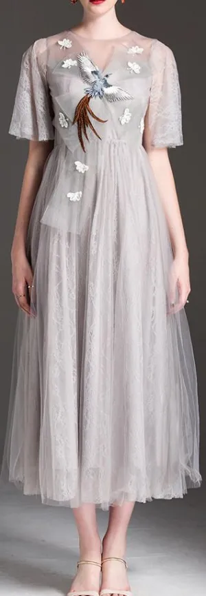 Bird-Applique Front-Bow Tulle Dress