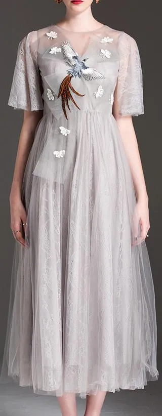 Bird-Applique Front-Bow Tulle Dress