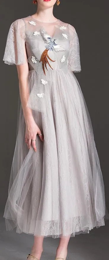Bird-Applique Front-Bow Tulle Dress