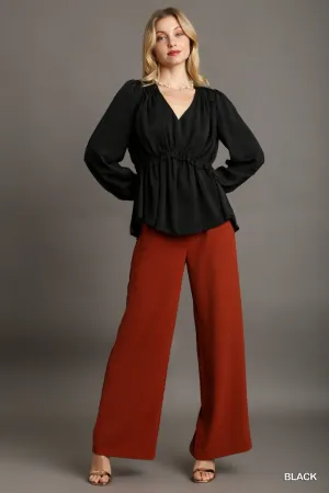 Black Cuffed Long Sleeve Satin V-neck Ruffle Baby Doll Top