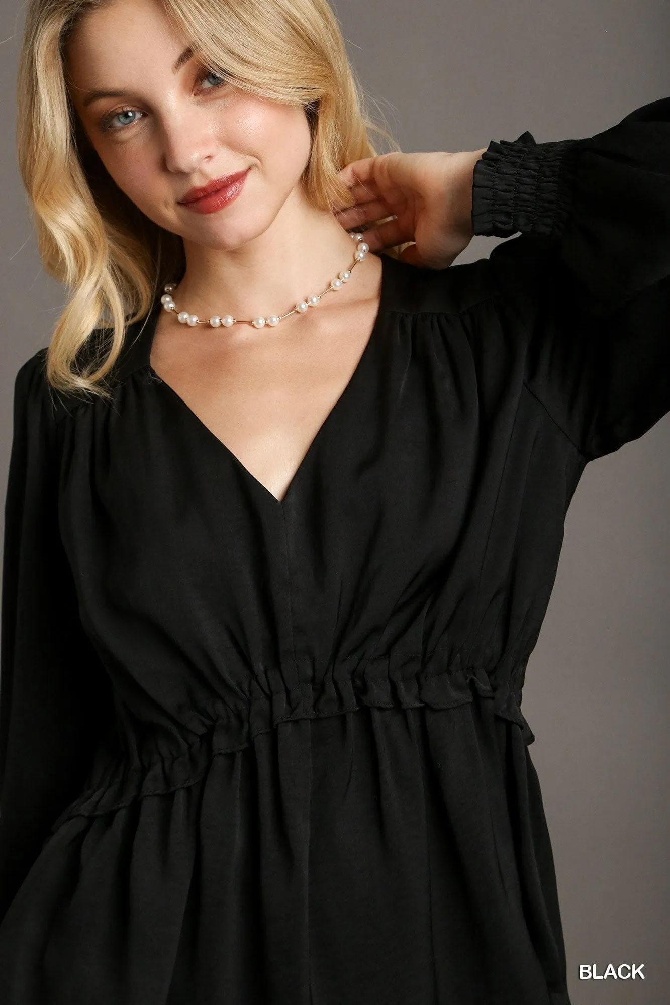 Black Cuffed Long Sleeve Satin V-neck Ruffle Baby Doll Top