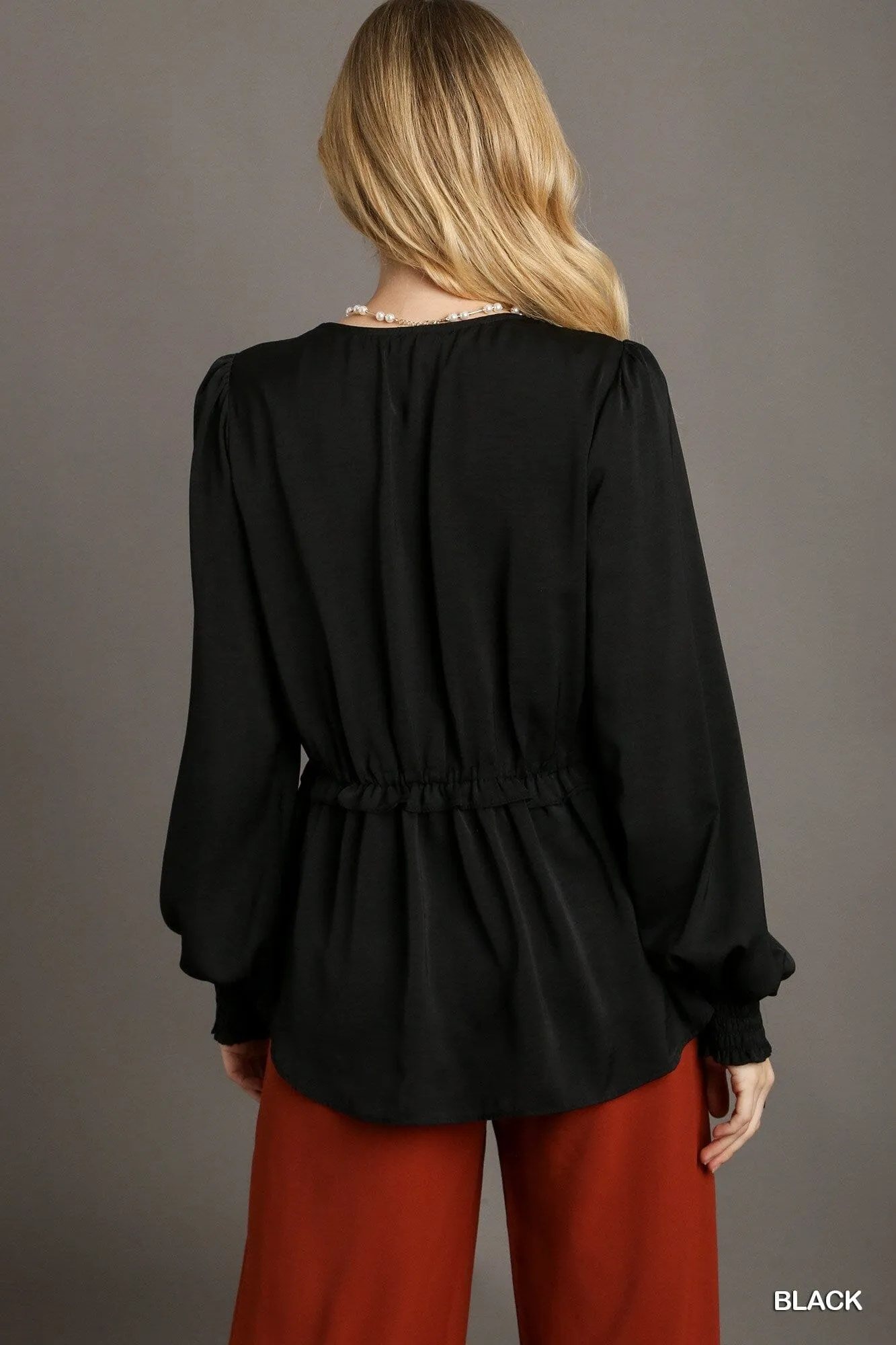 Black Cuffed Long Sleeve Satin V-neck Ruffle Baby Doll Top