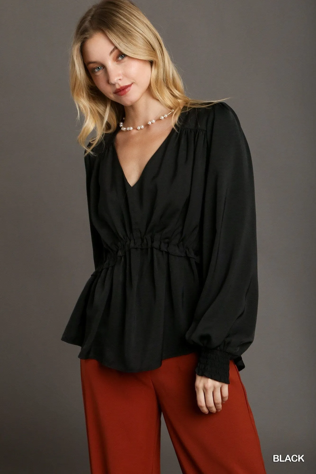 Black Cuffed Long Sleeve Satin V-neck Ruffle Baby Doll Top