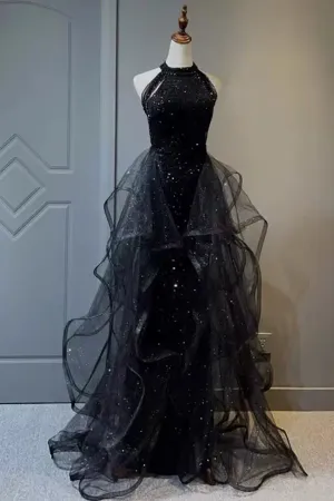 Black Tulle Beaded Layered Long Prom Dresses, Long Black Formal Graduation Evening Dresses WT1197