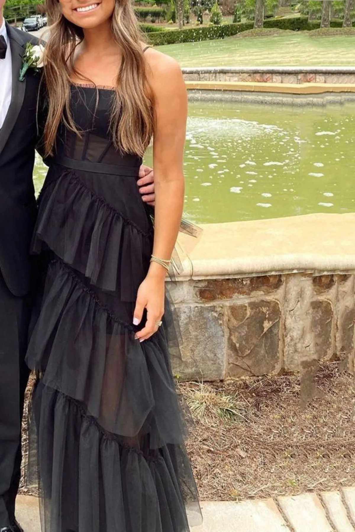 Black Tulle Long Prom Dresses Layered Spaghetti Straps Black Formal Evening Dresses